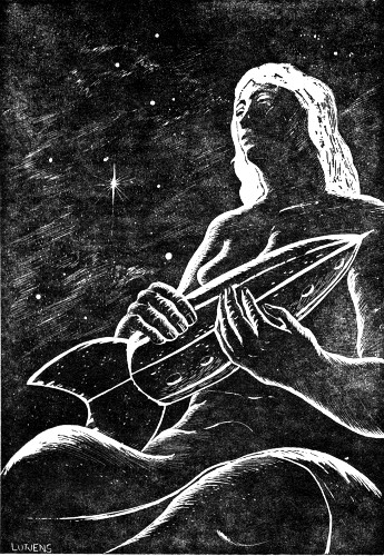 An ink drawing of a statue of a woman holding a spaceship.
